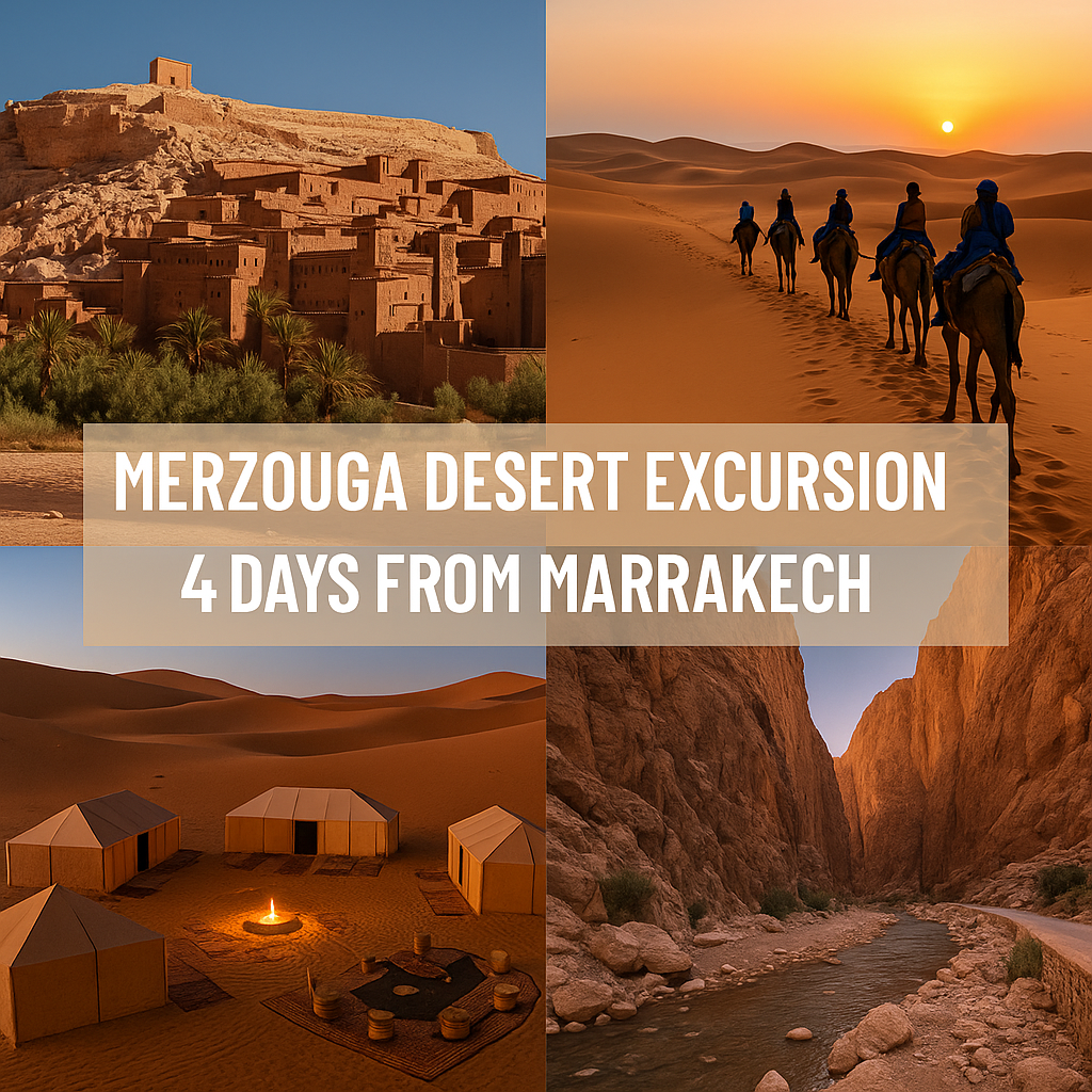 Merzouga Desert Excursion 4 Days From Marrakech collage featuring Ait Benhaddou, camel trekking in Erg Chebbi, Sahara desert camp, and Todra Gorge
