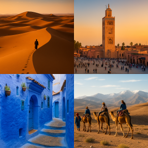 Morocco trip packages - showing Sahara desert, Marrakech Koutoubia, Chefchaouen streets, and camel tours
