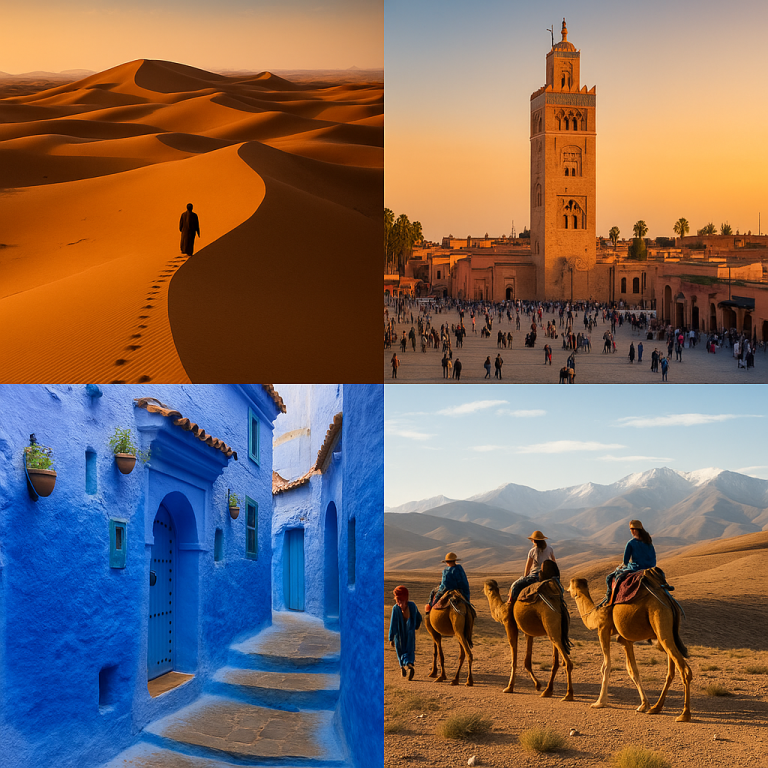 Morocco trip packages - showing Sahara desert, Marrakech Koutoubia, Chefchaouen streets, and camel tours