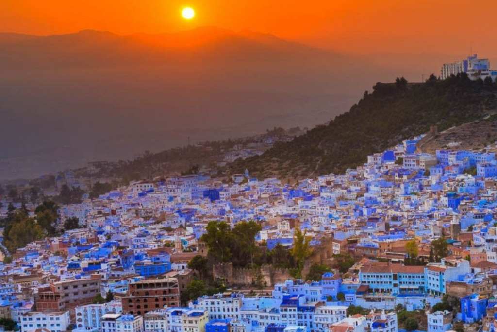Chefchaouen blue medina Spanish Mosque sunset viewpoint Rif Mountains Morocco