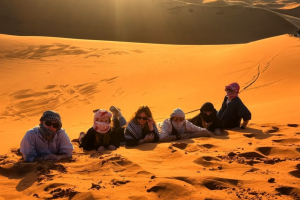 Small group travelers Morocco medina exploring together relaxed tourism