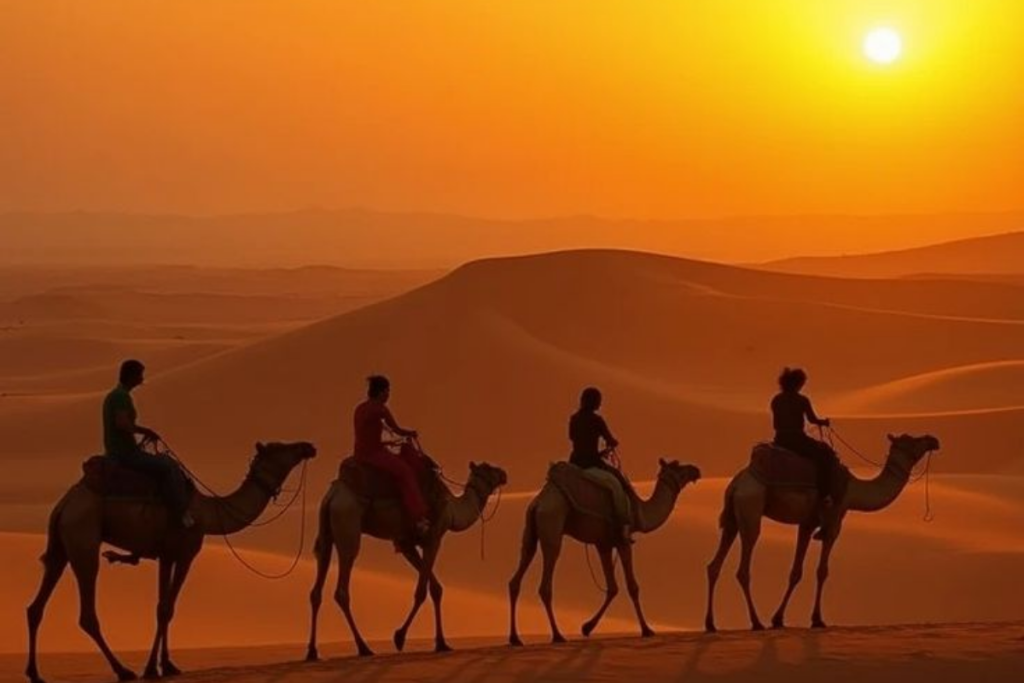 Morocco Sahara camel trek sunset dunes